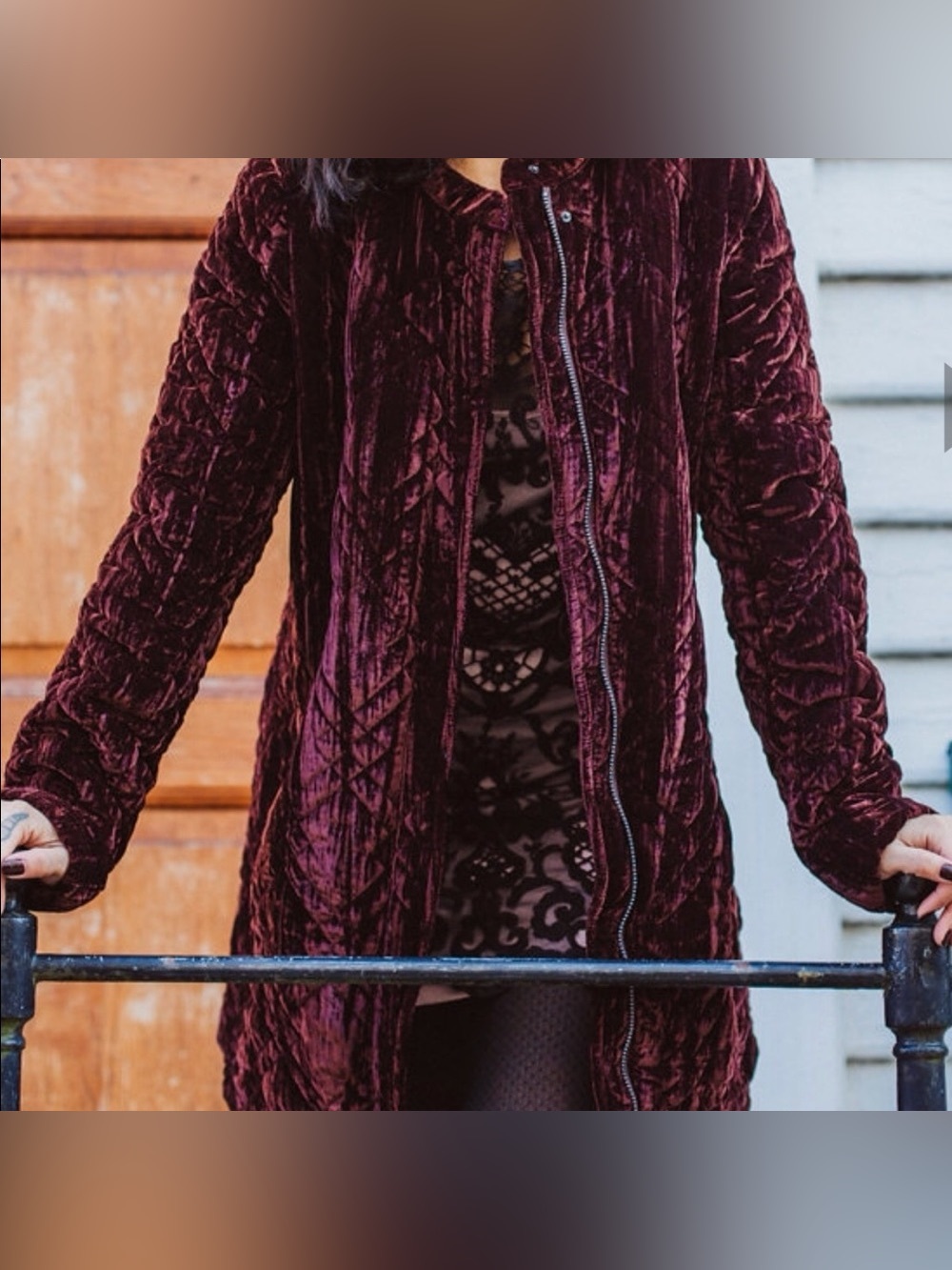 Like New Free People Velvet Quilted Long Jacket in Burgundy - Size Small